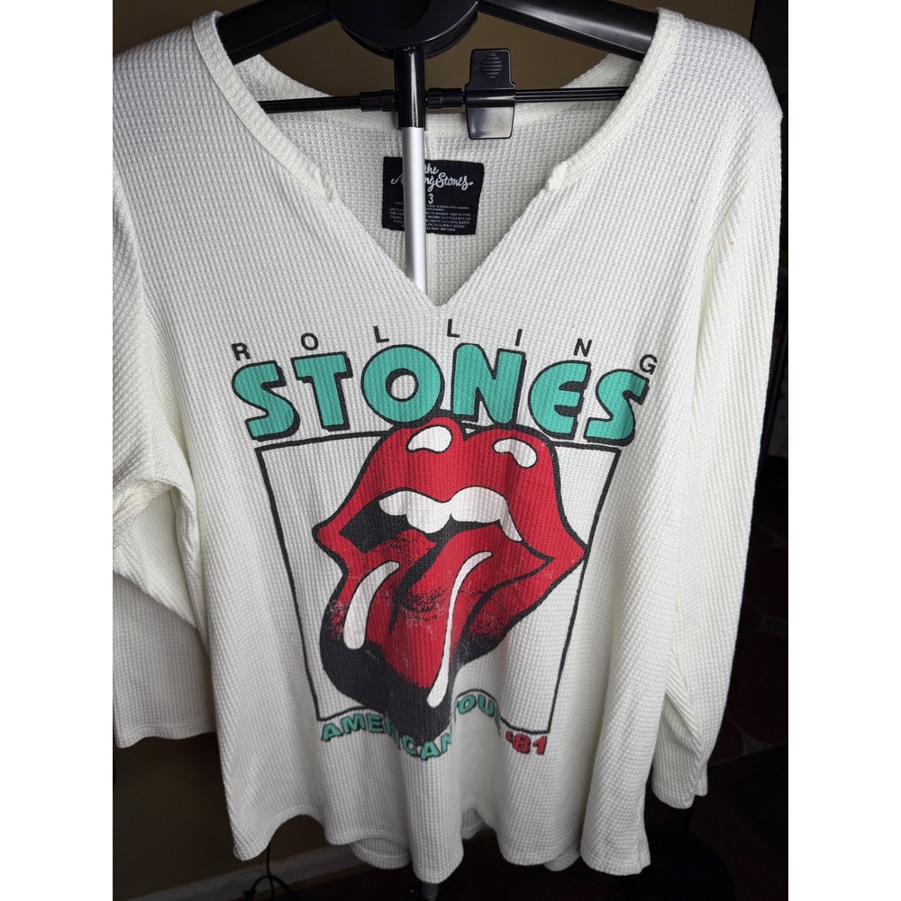 Rolling Stones American Tour 81 White Waffle Knit Thermal Graphic Top Size 3